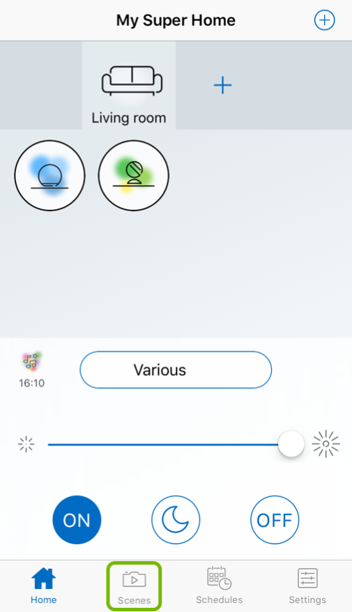 Scenes tab highlighted in WiZ app.