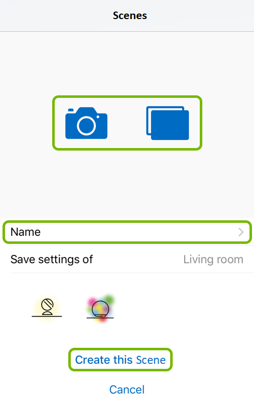 Camera icon, scene name and Create this Scene option highlighted in WiZ app.