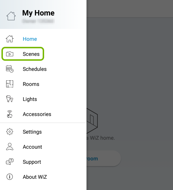 Scenes option highlighted in menu of WiZ app.