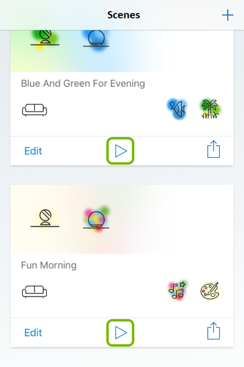 Play buttons highlighted in Scenes tab of WiZ app.