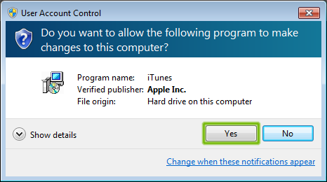 User Account Control with Yes highlighted.