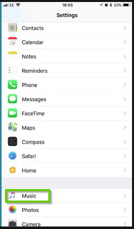 iOS settings menu highlighting music