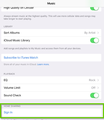 iOS music settings menu highlightning home sharing sign in