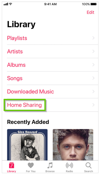 iOS music library menu with home sharing highlighted