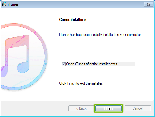 iTunes installation complete with Finish highlighted.