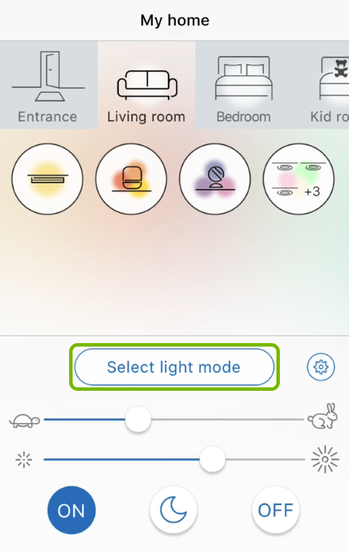 Light Mode button highlighted in WiZ app.