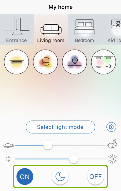 On, Off and Night Light buttons highlighted in WiZ app.