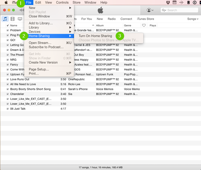 iTunes file menu highlighting home sharing and turn on home sharing