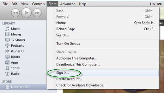 iTunes store menu highlight sign in