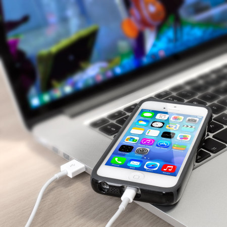 iPhone connected to a computer's USB port.