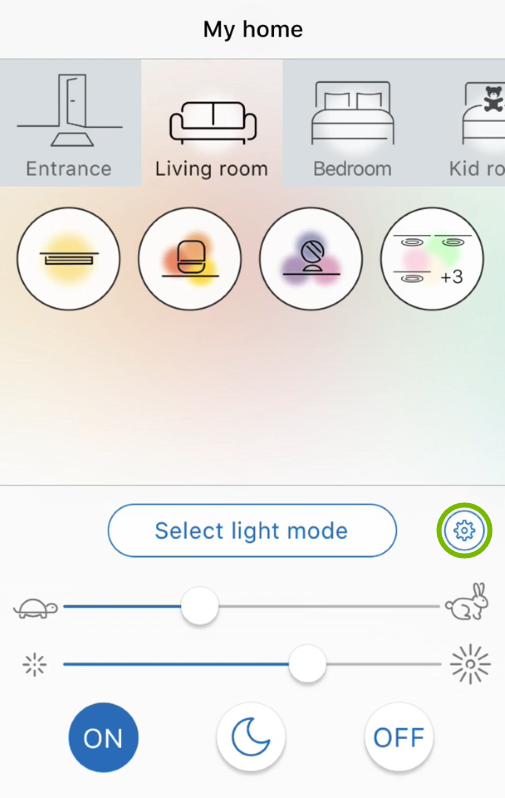 Cog wheel button highlighted in WiZ app.