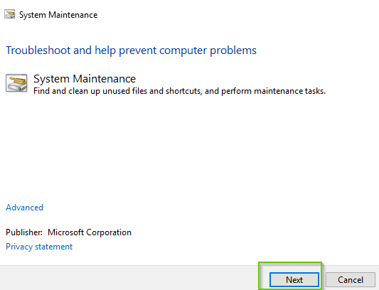 Windows 10 system maintenance window with Next highlighted