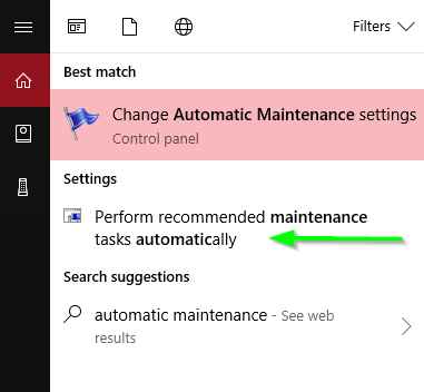 Windows 10 start menu with performance recommended maintenance tasks automatically selected