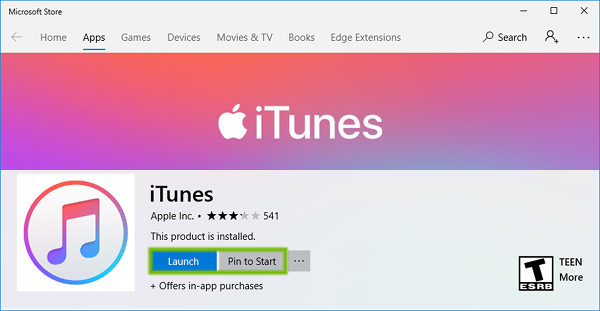 Microsoft Store iTunes installed with Launch and Pin to Start buttons highlighted.