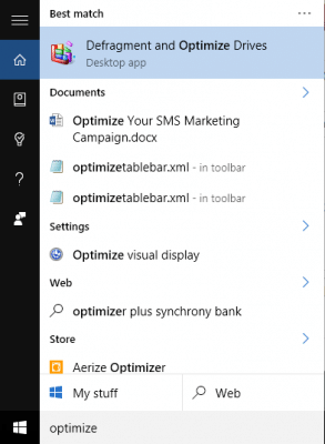 Windows 10 start menu searching optimize with Defragment and optimize drives highlighted at the top