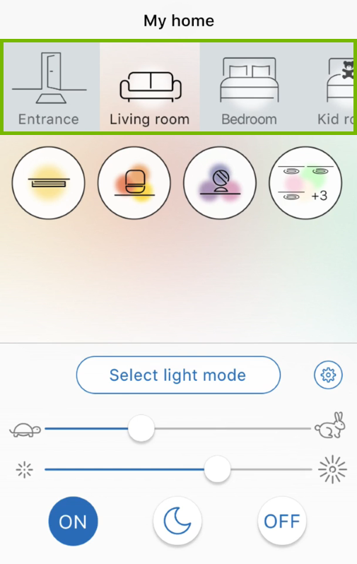 Room selection bar highlighted in WiZ app.