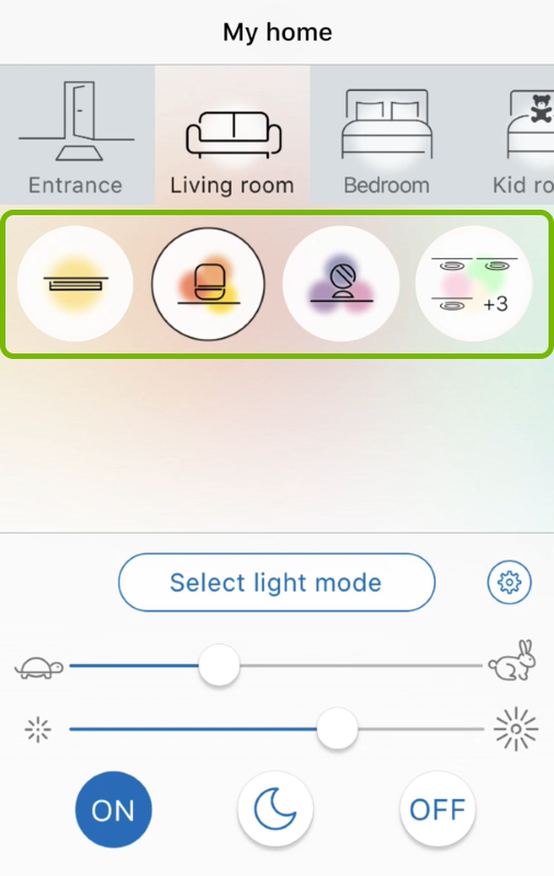 Light and group icons highlighted in WiZ app.