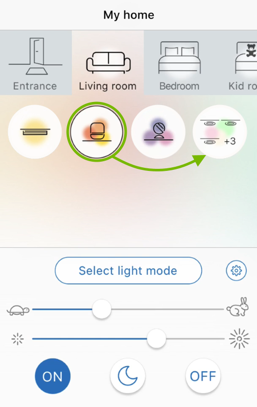 Light icon highlighted and arrow showing drag and drop action over group icon in WiZ app.