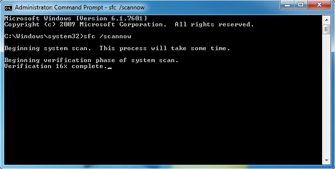 Command prompt window with System File Checker scan running
