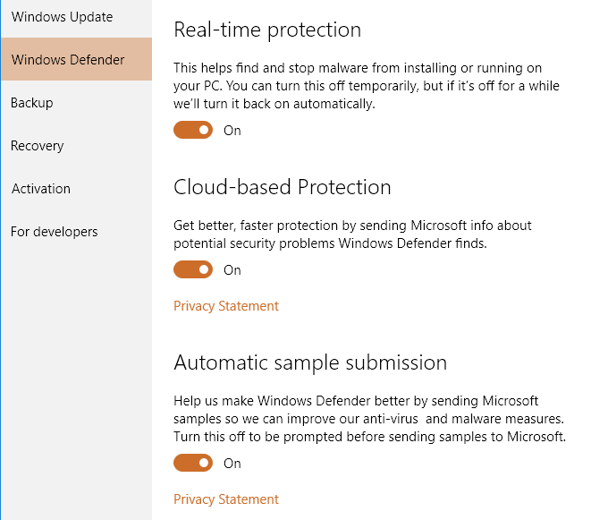 Windows 10 control panel window with Windows Defender tab selected
