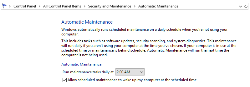Windows 10 control panel window for Automatic maintenance showing scheduled maintenance checked