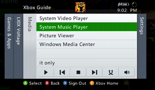 Xbox 360 media with system music player selected