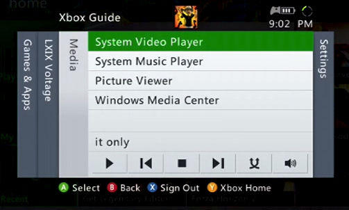 Xbox 360 media settings with system music player selected