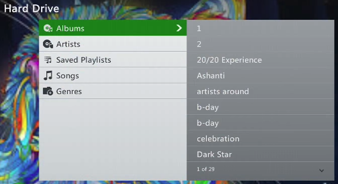 Xbox 360 hard drive music player listing options