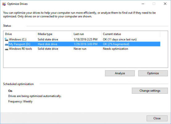 Windows 10 defragment window