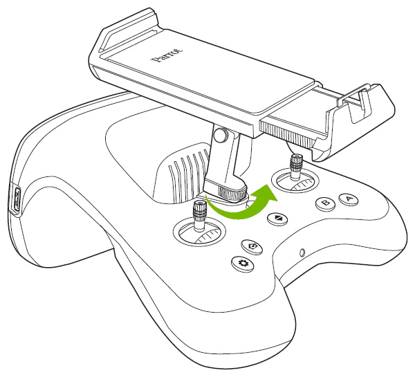 Arrow showing how to secure mobile device holder to remote control.
