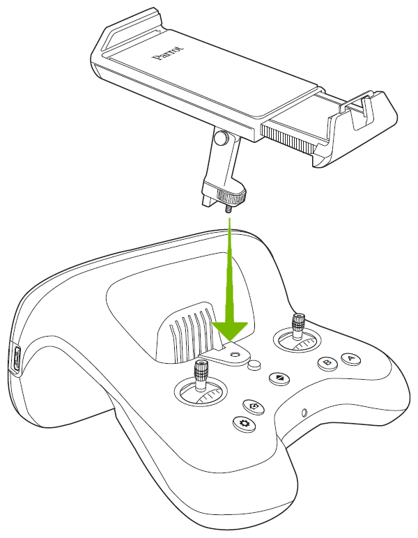 Arrow showing how to mount mobile device holder onto remote control.