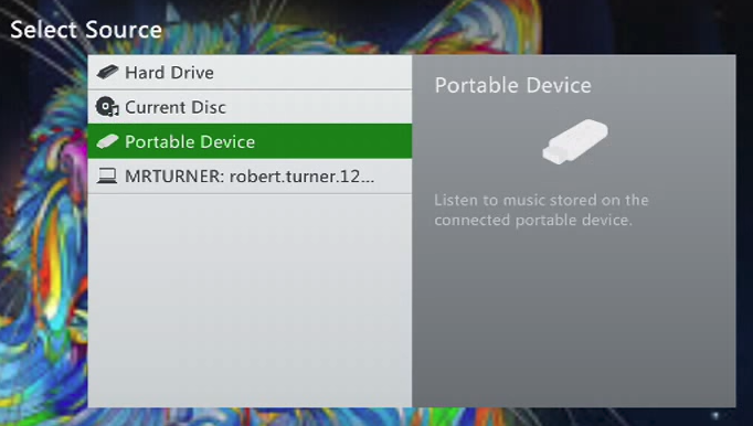 Xbox 360 select music source with portable device selected