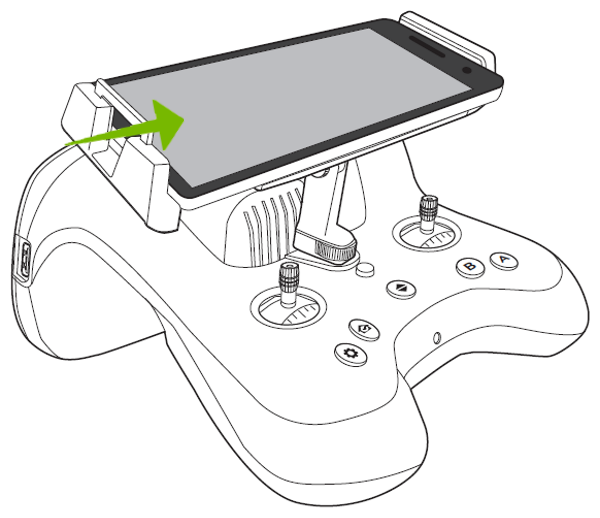 Arrow showing how to secure mobile device into holder with clamp.