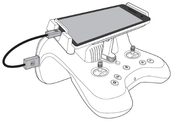 Mobile device connected to remote control with USB cable.