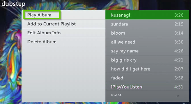 Xbox 360 play album button