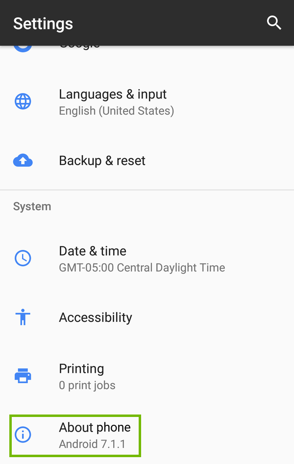 Settings with About highlighted.