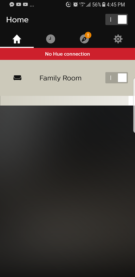 Mobile app showing No Hue connection notification.