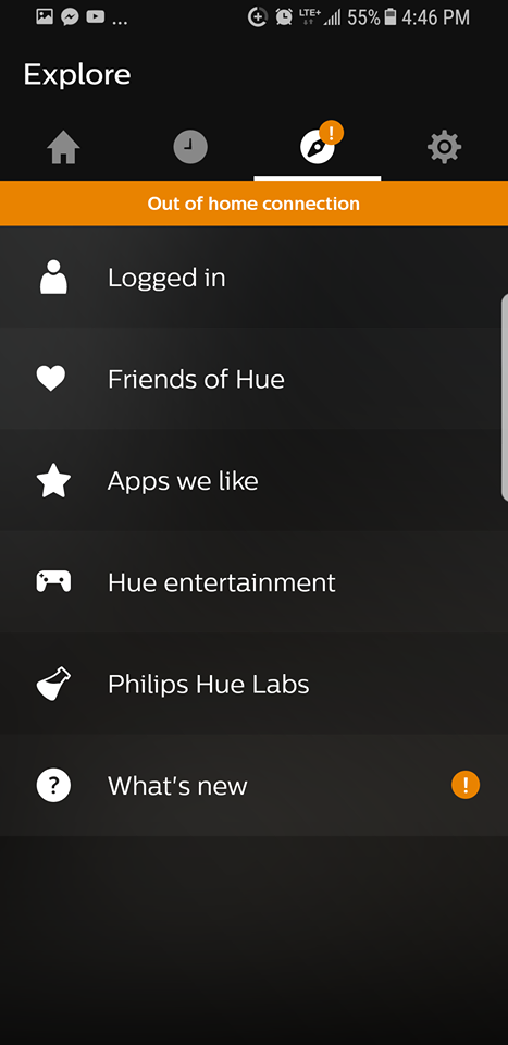 Mobile app showing Out of home connection notification.