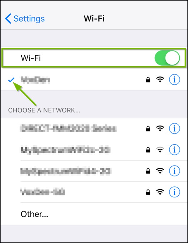 iOS Wi-Fi menu highlighting the Wi-Fi switch and the currently connected network