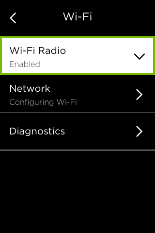 Wi-Fi Radio option highlighted in Wi-Fi menu.