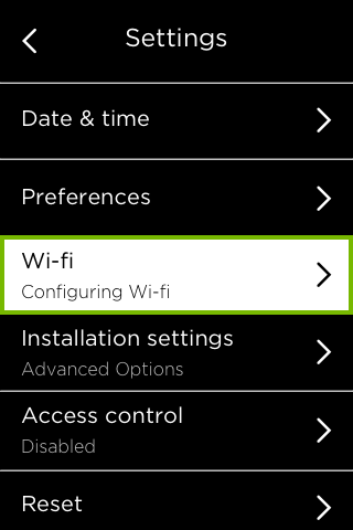 Wi-Fi option highlighted in Settings menu.