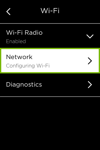 Network option highlighted in Wi-Fi menu.