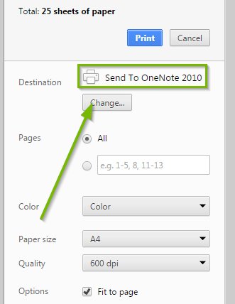 Screenshot of Google Chrome's print window highlighting the currently selected print destination, and the change button beneath it.