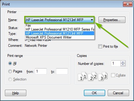 Screenshot of a common Windows print window highlighting the printer selection dropdown box with a list of available printers shown.