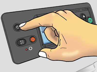 Illustration of a user pressing the power button on the front of a printer.