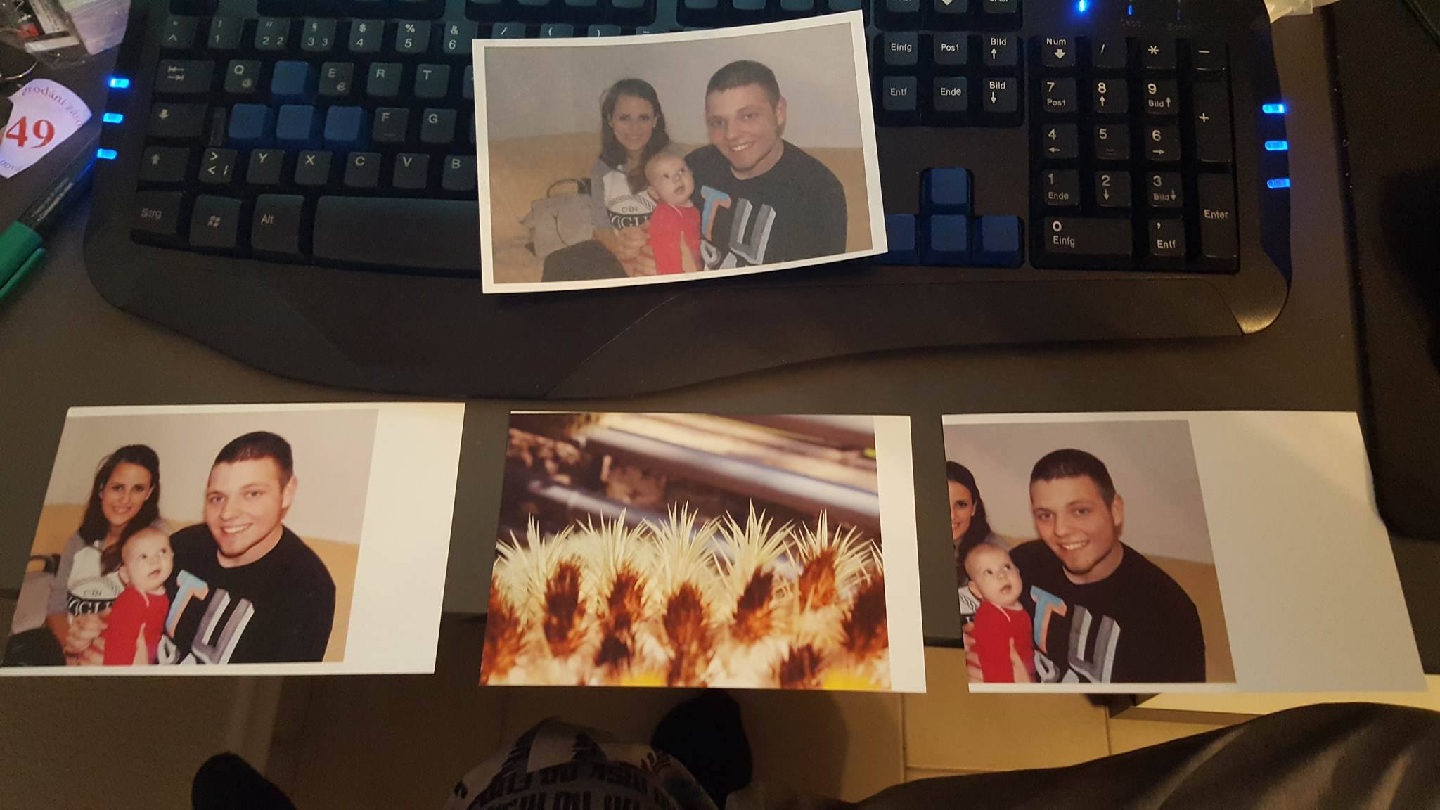 Photo of multiple photo printing attempts contrasting successful print jobs and incorrectly configured print jobs.