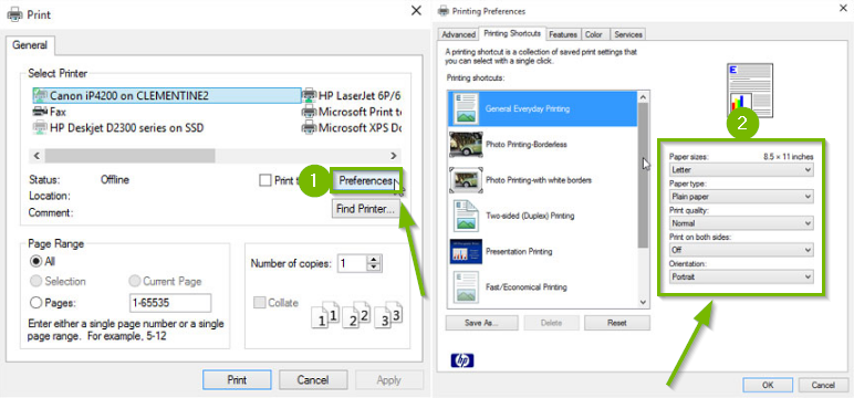 Screenshot of the Windows print and printing preferences windows highlighting the preferences button, and available preference options within.