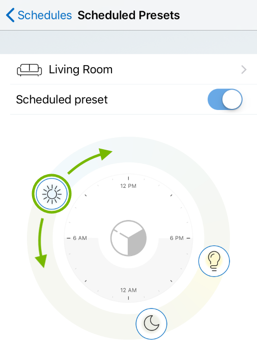 Light mode icon highlighted and arrows showing how to adjust timing for phases in Scheduled Presets of WiZ app.