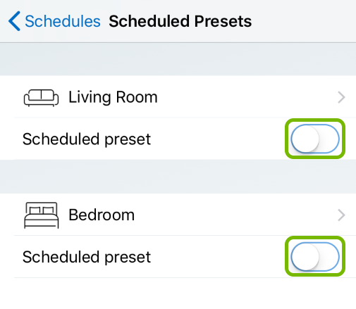 Toggle buttons highlighted in Scheduled Presets of WiZ app.