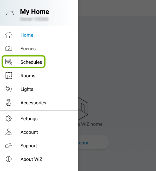 Schedules option highlighted in menu of WiZ app.
